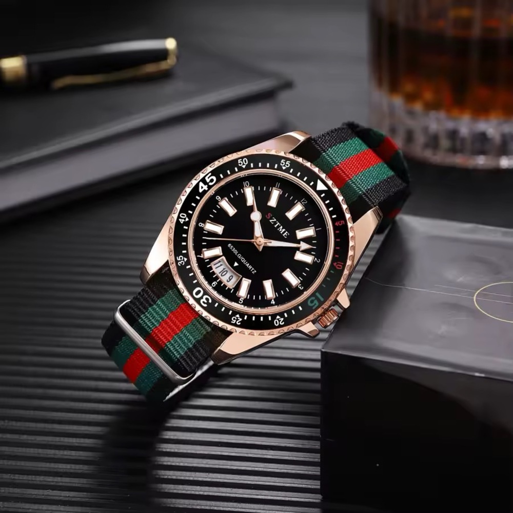 Luxury Black and Gold Watch with Striped Band